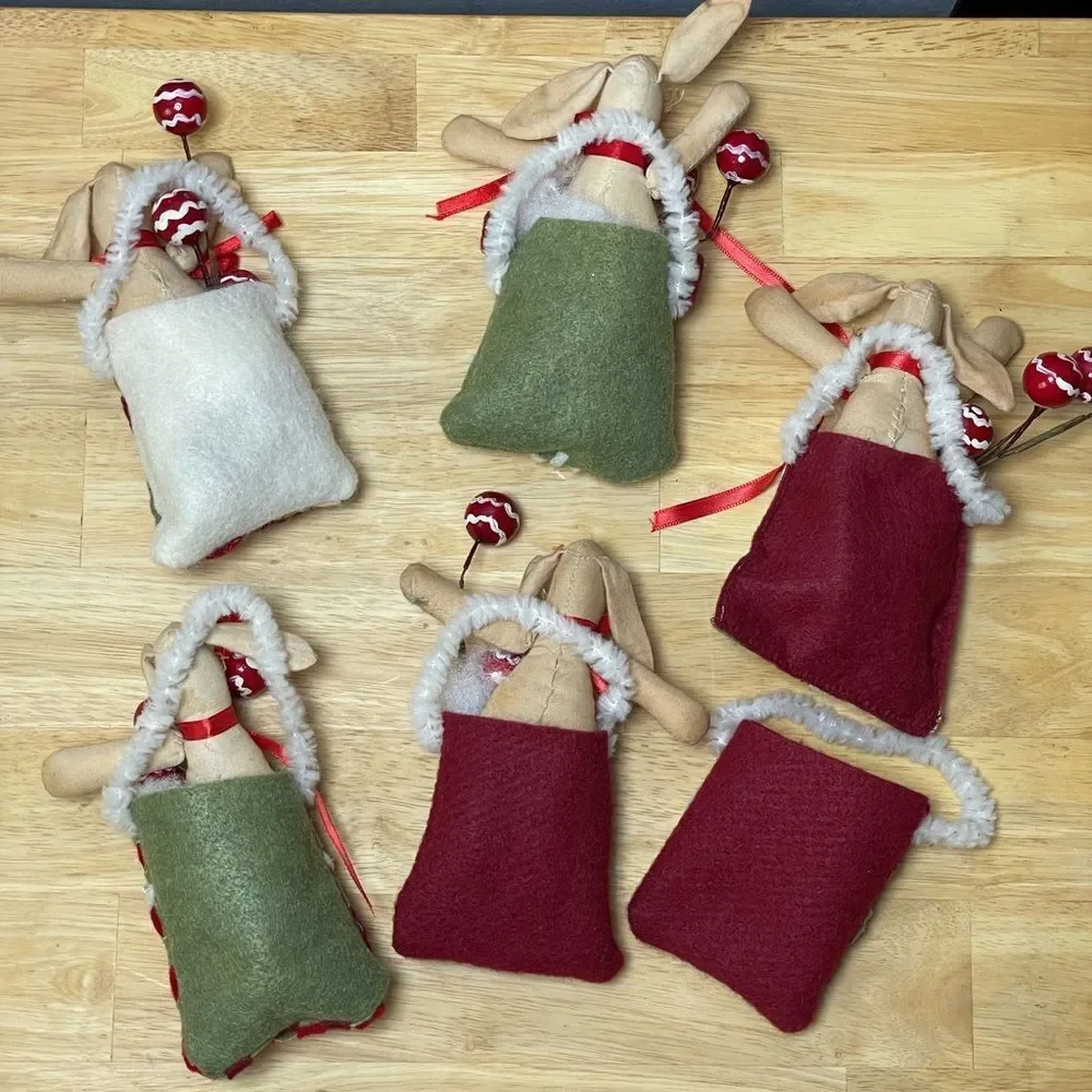 Festive Holiday Ornament Set - Red, Green, White Felt Bags w/Bunnies & Cotton